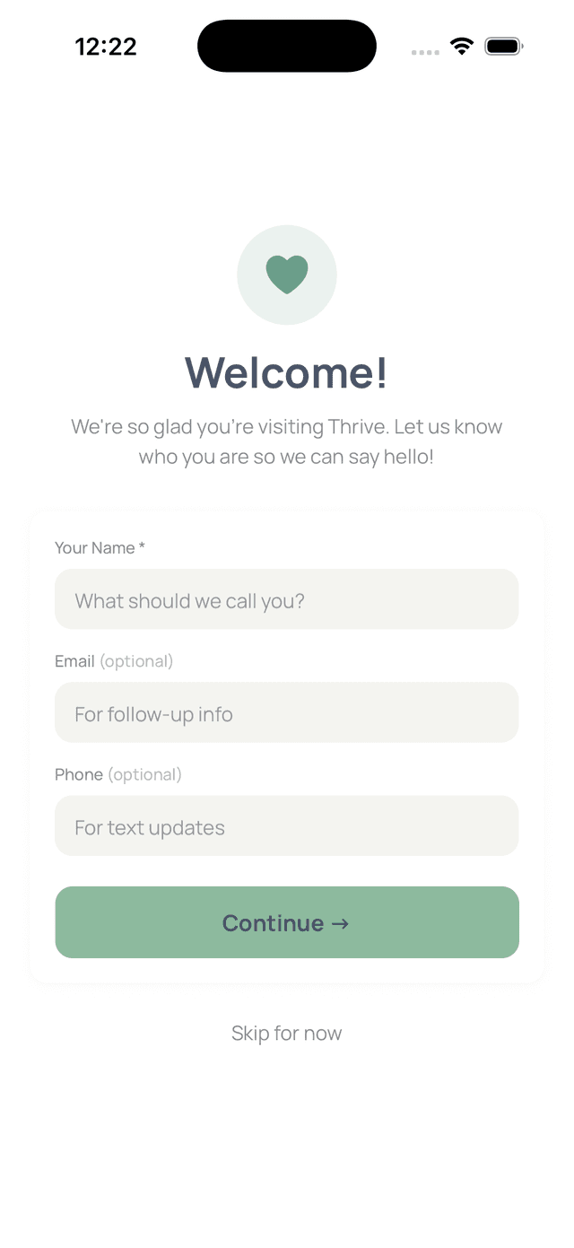 Guest welcome screen showing friendly greeting with name, email, and phone fields