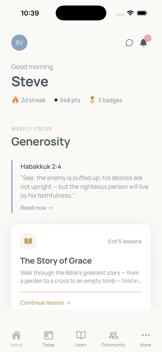 Thrive app home screen showing daily quests, streak tracker, and weekly focus
