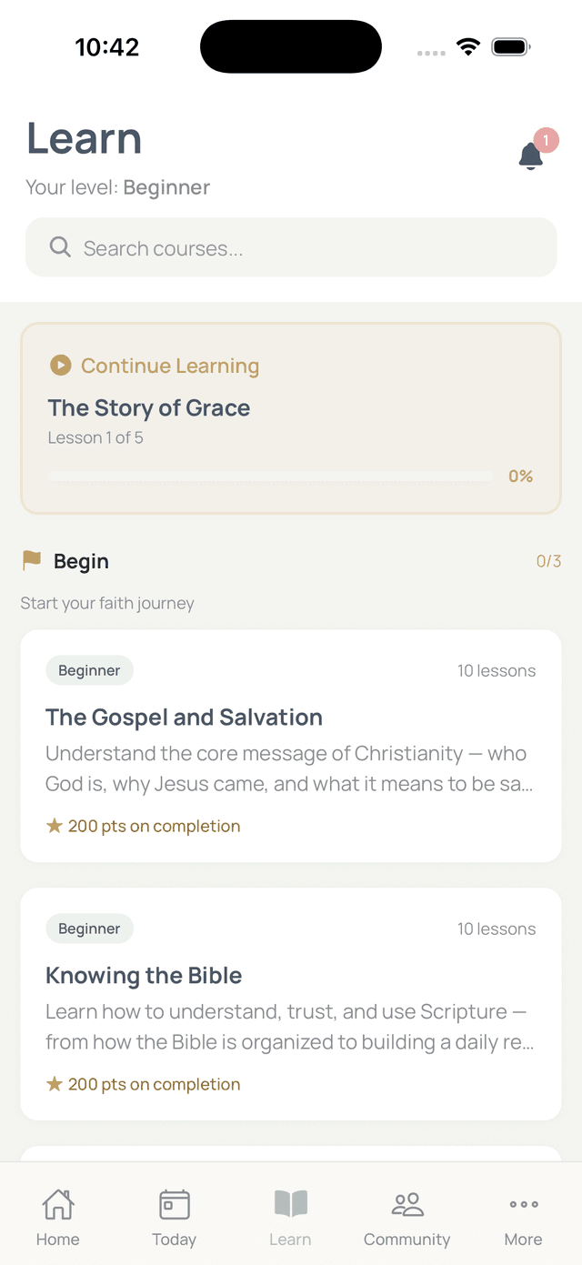 Learn tab showing course journey with The Gospel and Salvation course