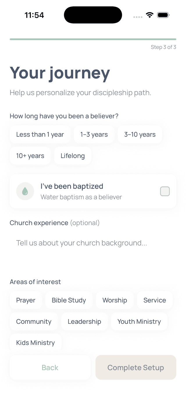 Profile setup flow showing Step 1 of 3 with name, birthday, and gender questions