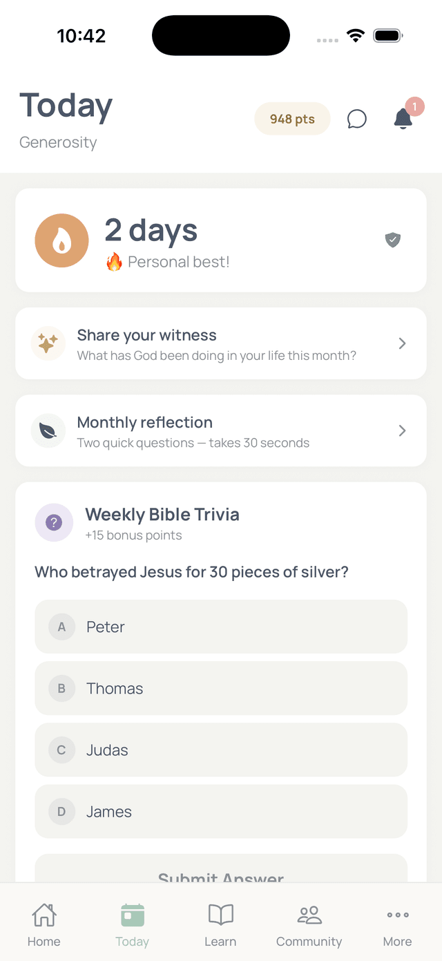 Today tab showing daily quests, streak counter, and weekly Bible trivia